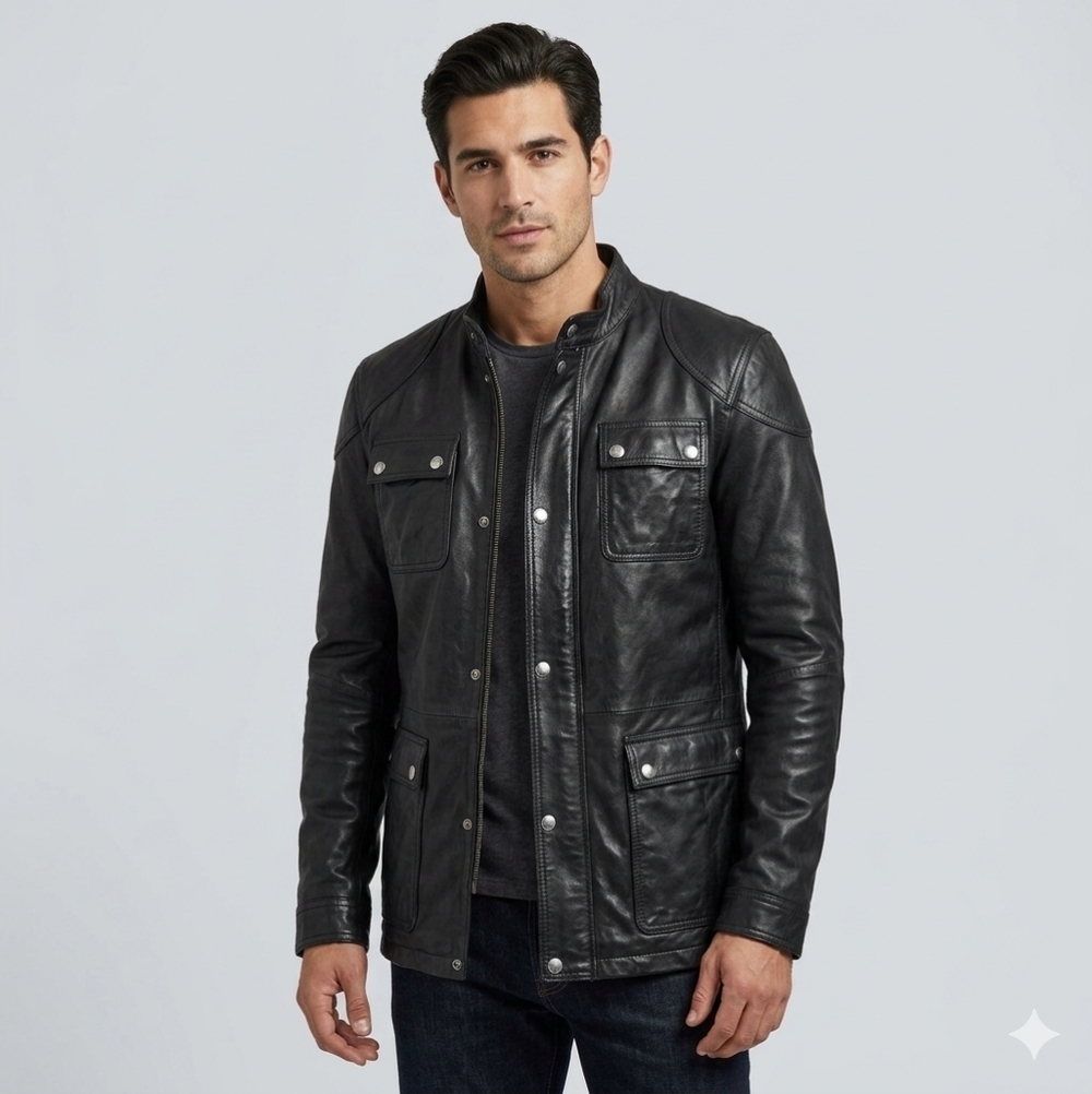 NWT Size L Snover Fashion "The Executive" 100% Top-Grain Leather Jacket - Black